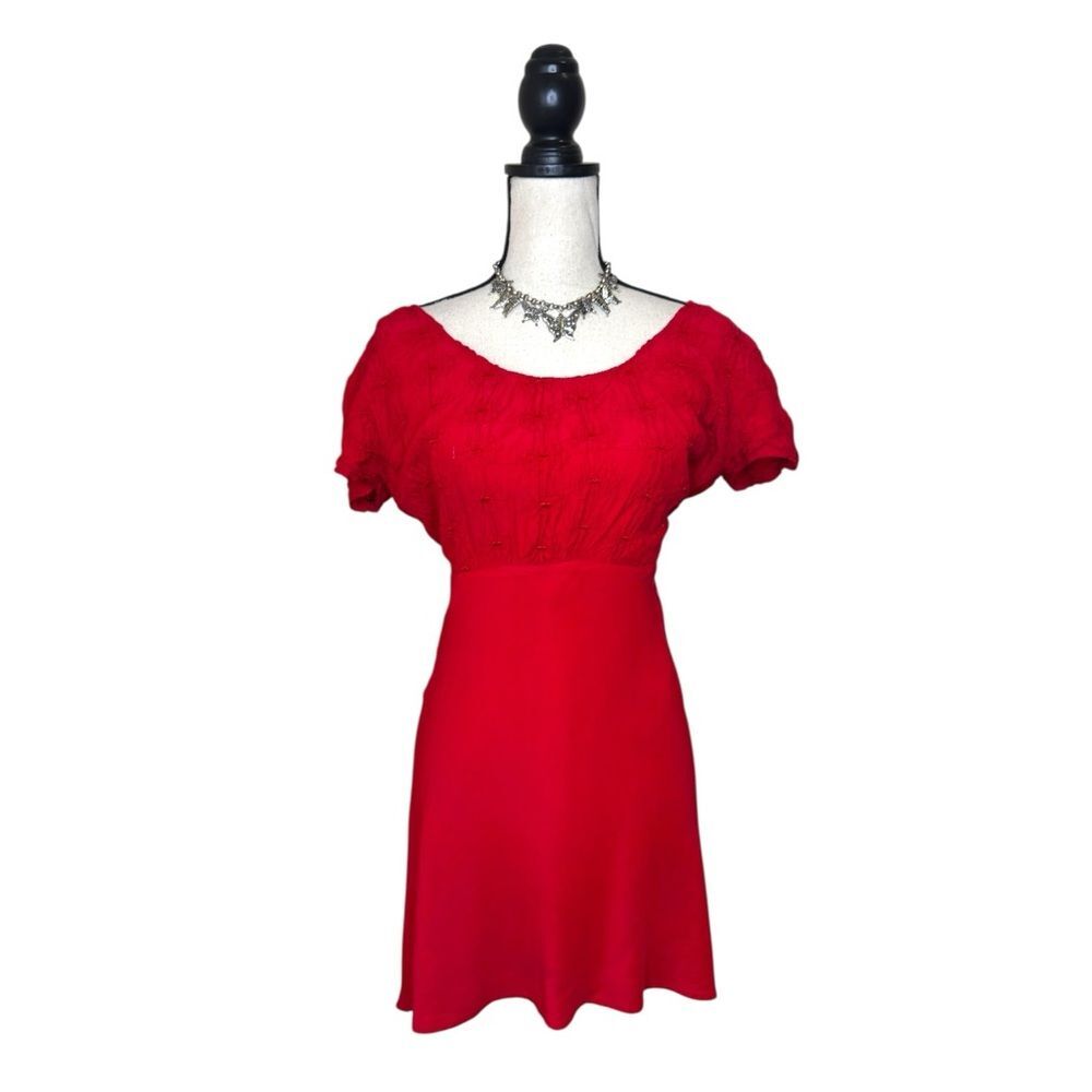 Y2K City Triangle Red Milkmaid Puff Sleeve Mini Dress Size Medium